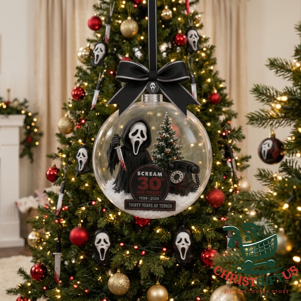 Scream 30th Anniversary 1996-2026 Christmas Ornament 2026 - close-up of Ghostface holding bloody knife