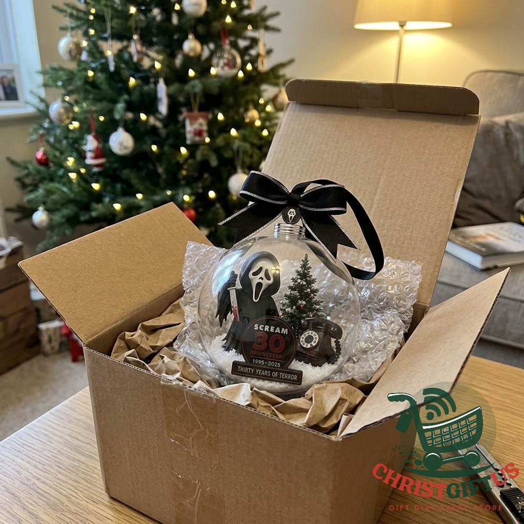 Scream 30th Anniversary 1996-2026 Christmas Ornament 2026 – Close-up of Ghostface and miniature Scream 30th Anniversary 1996-2026 Christmas Ornament 2026 - close-up of Ghostface and miniature Christmas tree