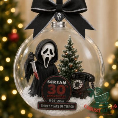 Scream 30th Anniversary 1996-2026 Christmas Ornament 2026 - full front view on a Christmas tree