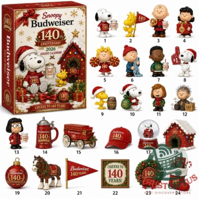 Snoopy Budweiser 140th Anniversary 1886-2026 Advent Calendar - full view of the red box and all 22