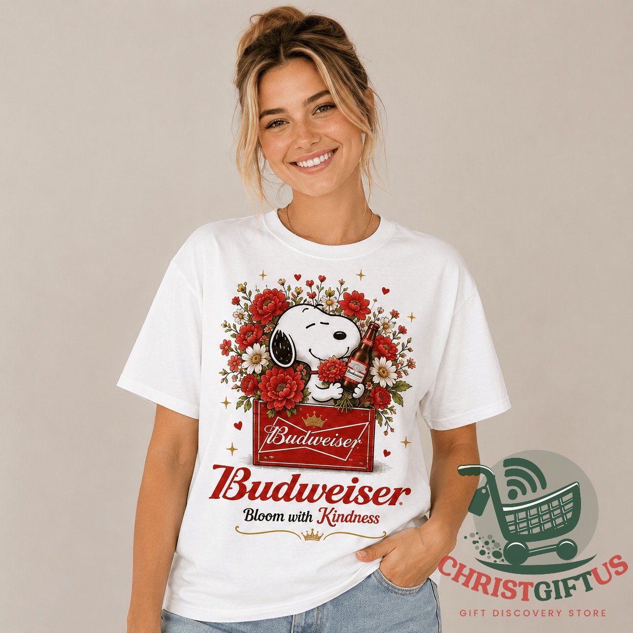 Snoopy Budweiser Red Floral Bloom With Kindness T-Shirt - close-up of front design