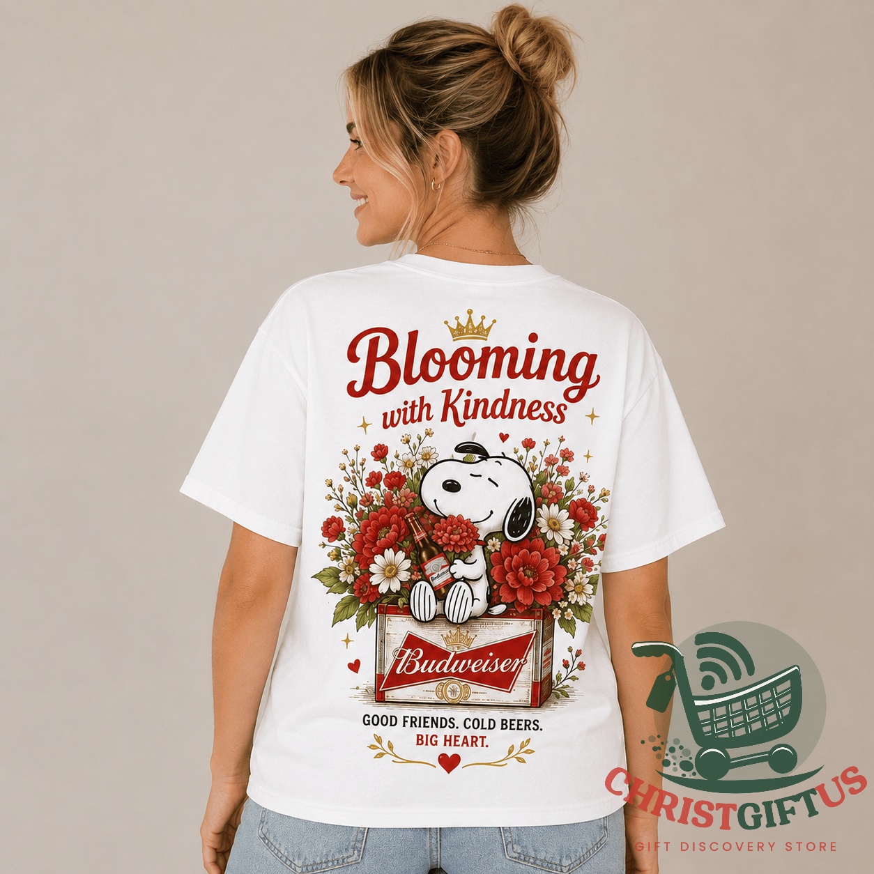Snoopy Budweiser Red Floral Bloom With Kindness T-Shirt – Close-up of back design Snoopy Budweiser Red Floral Bloom With Kindness T-Shirt - close-up of back design