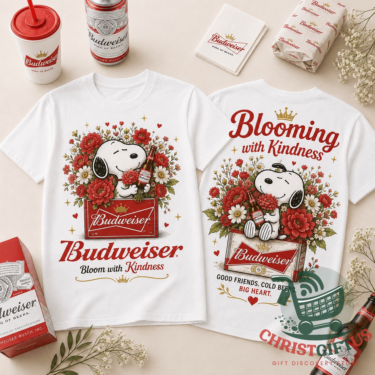 Snoopy Budweiser Red Floral Bloom With Kindness T-Shirt - two shirts displayed with accessories