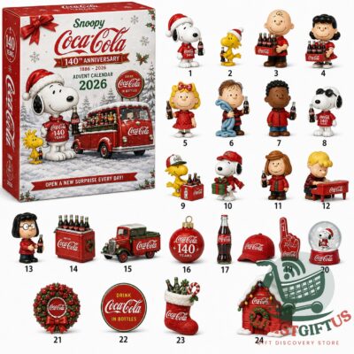 Snoopy Coca-Cola 140th Anniversary 2026 Advent Calendar - full product view with all collectible items