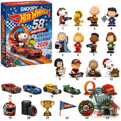 Snoopy Hot Wheels 58th Anniversary Advent Calendar 2026 - full product box with all collectible items