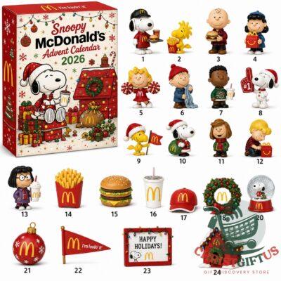 Snoopy McDonald's 2026 Advent Calendar - full display of the calendar box and all 24 collectible items