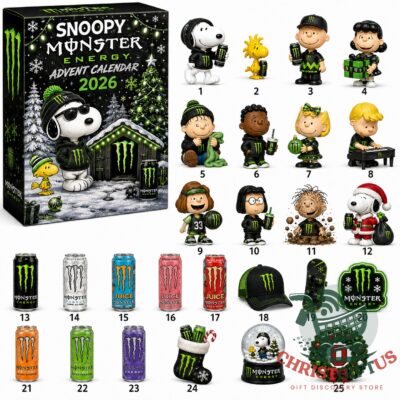 Snoopy Monster Energy Christmas 2026 Advent Calendar - full view with all 25 items and box