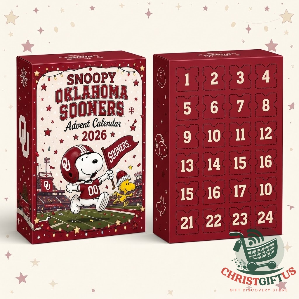 Snoopy Oklahoma Sooners Advent Calendar 2026 - close-up of box and Snoopy figurine