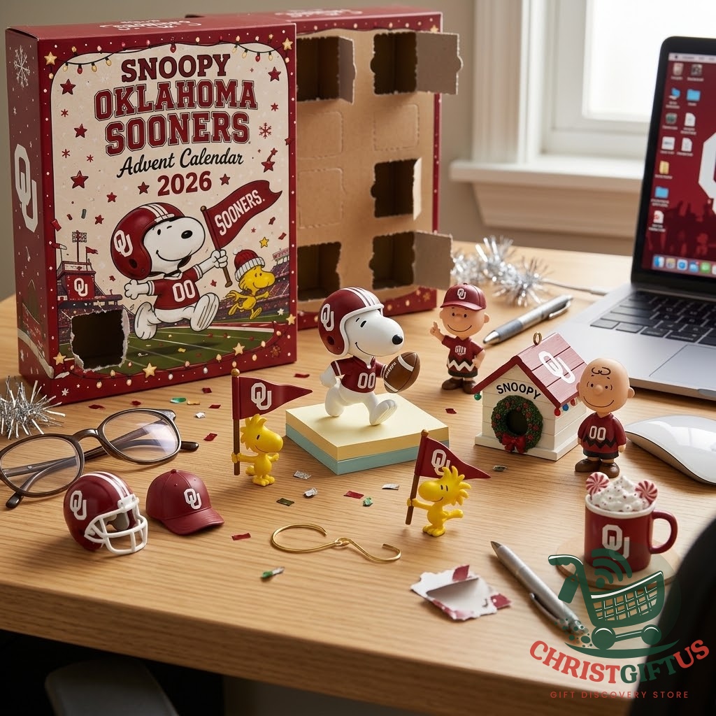 Snoopy Oklahoma Sooners Advent Calendar 2026 – Mini helmet, football, cap, and Snoopy Oklahoma Sooners Advent Calendar 2026 - mini helmet, football, cap, and banner