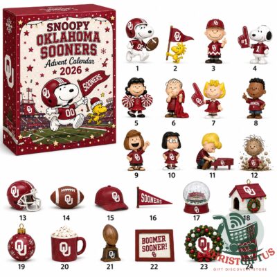 Snoopy Oklahoma Sooners Advent Calendar 2026 - full product display with box and all 24 items