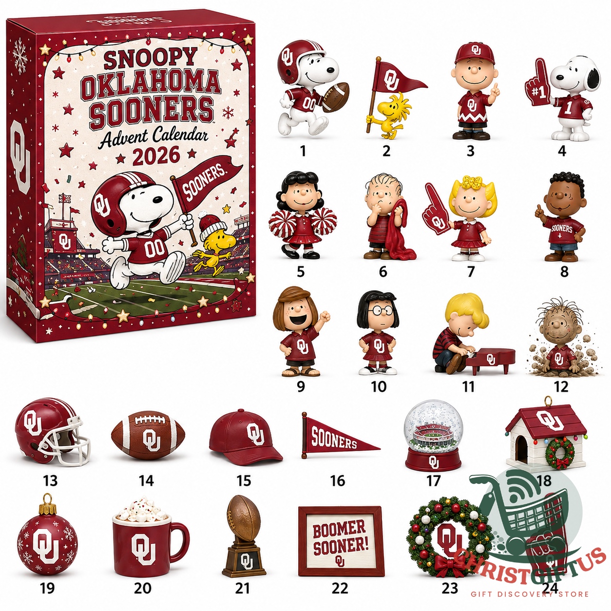 Snoopy Oklahoma Sooners Advent Calendar 2026 - full product display with box and all 24 items