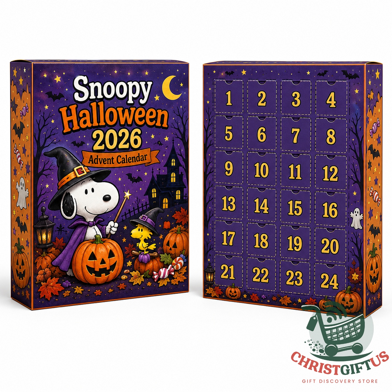Snoopy Peanuts Halloween 2026 Advent Calendar - close-up of box and top row of figures