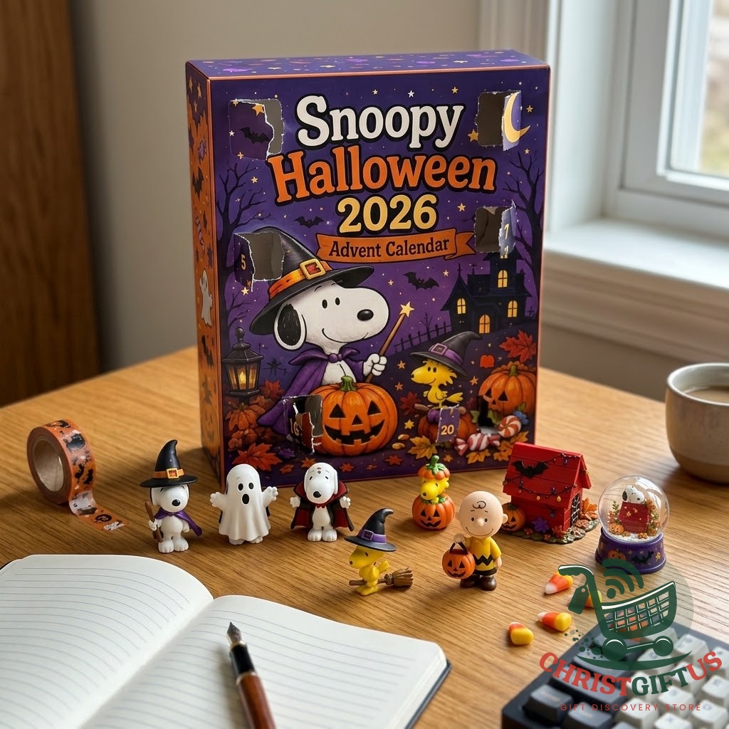 Snoopy Peanuts Halloween 2026 Advent Calendar – Close-up of box side and Snoopy Peanuts Halloween 2026 Advent Calendar - close-up of box side and bottom collectible items