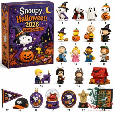 Snoopy Peanuts Halloween 2026 Advent Calendar - full display of box and all collectible items