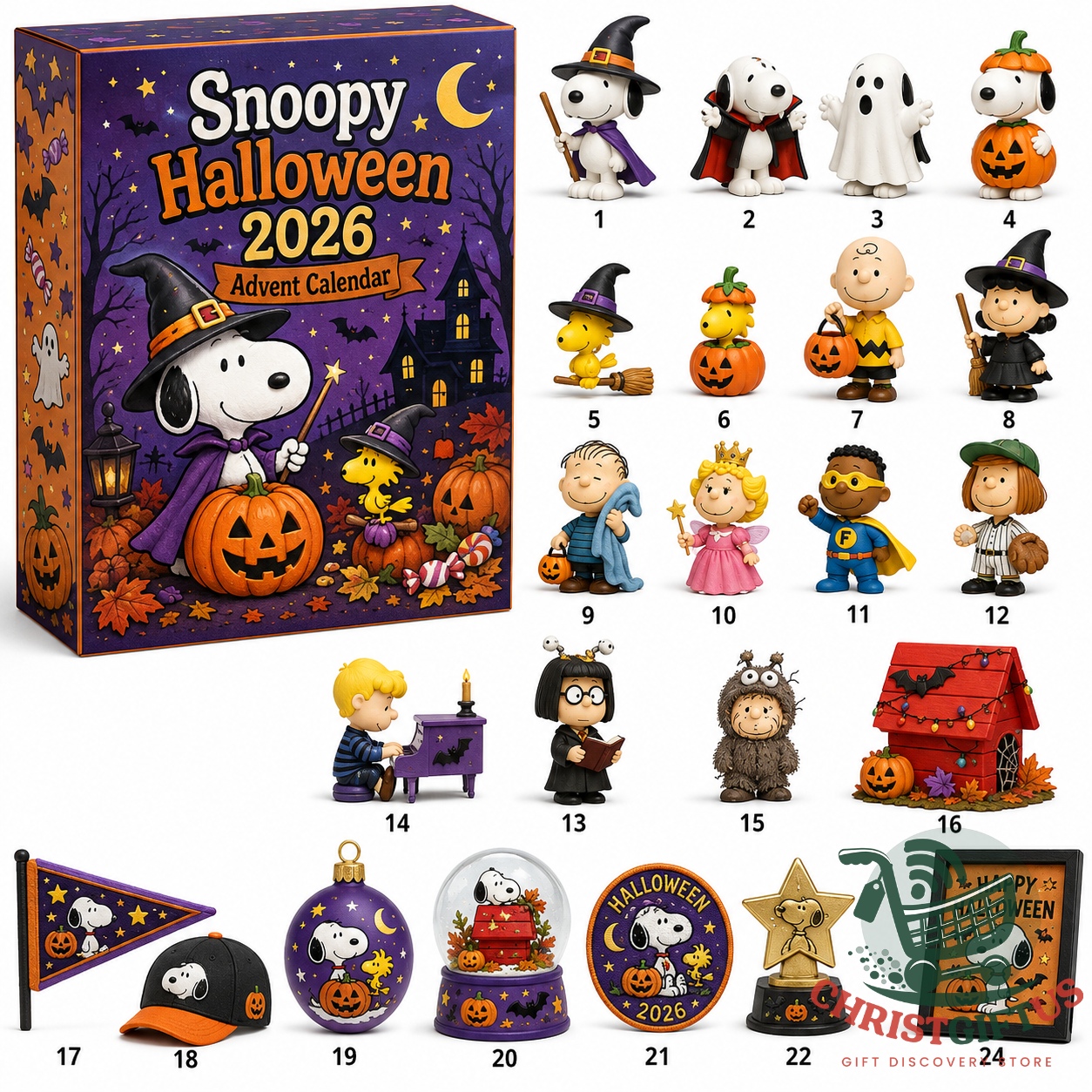 Snoopy Peanuts Halloween 2026 Advent Calendar - full display of box and all collectible items