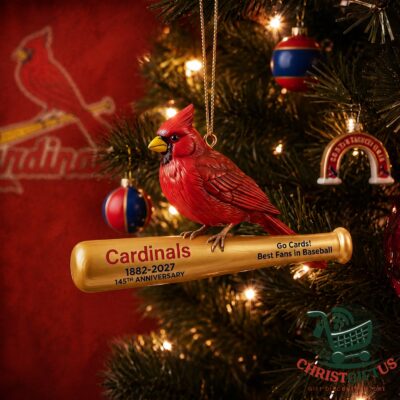 St. Louis Cardinals 145th Anniversary 1882-2027 Christmas Ornament hanging on a Christmas tree