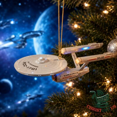 Star Trek 60th Anniversary 2026 USS Enterprise NCC-1701 Christmas Ornament - full view on tree