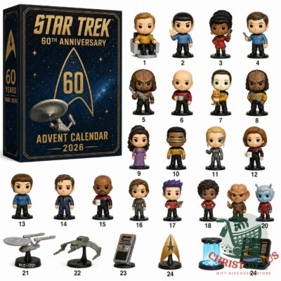 Star Trek 60th Anniversary Advent Calendar 2026 - box and all 24 collectible items displayed