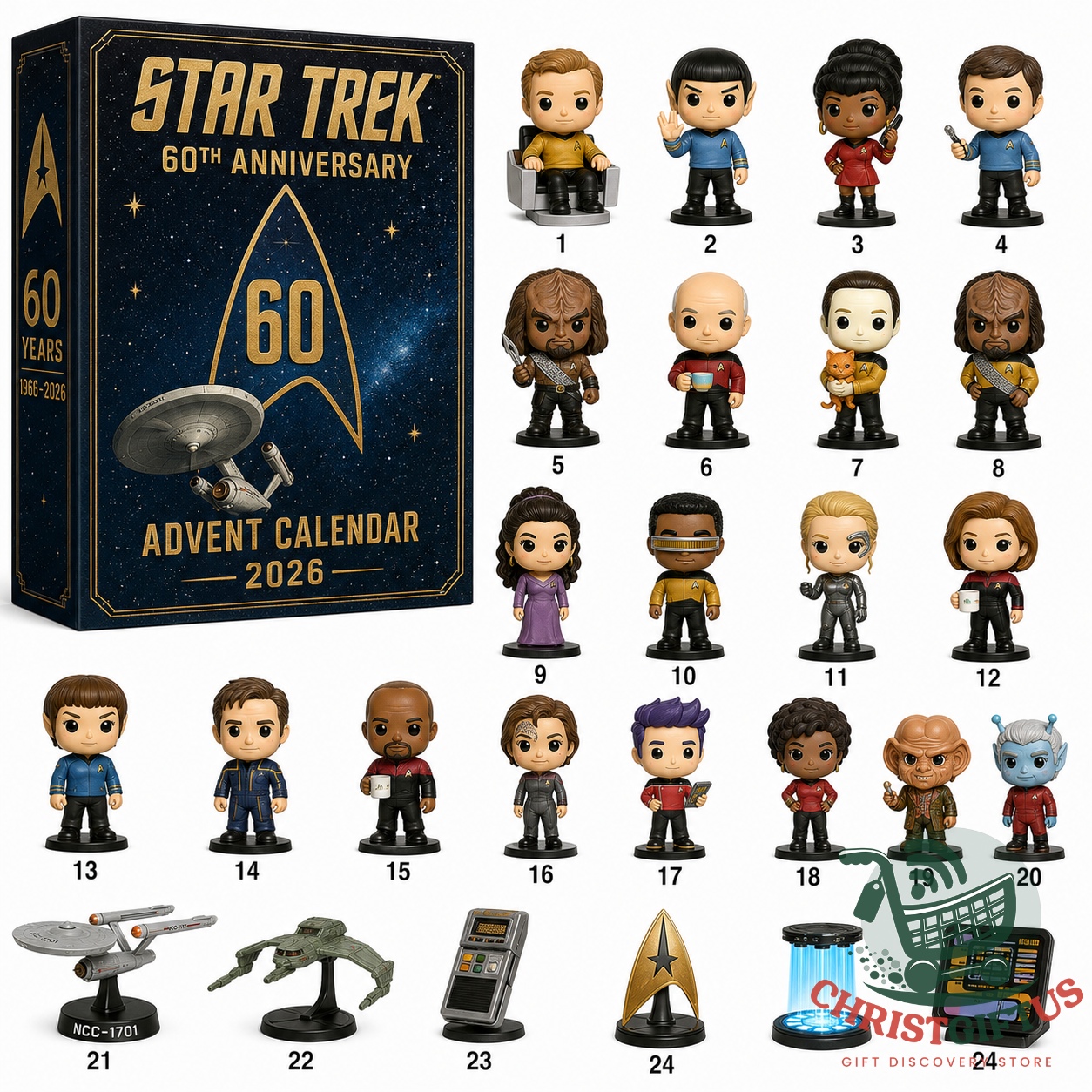 Star Trek 60th Anniversary Advent Calendar 2026 - box and all 24 collectible items displayed