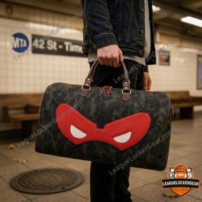 Teenage Mutant Ninja Turtles Raphael Red Mask Duffle Bag - front view with camouflage pattern