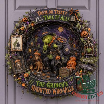 The Grinch Haunted Who-Ville Halloween 2026 Decorative Wreath - front view with Halloween text