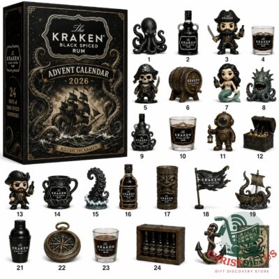 The Kraken Black Spiced Rum Advent Calendar 2026 - full view with all 24 items displayed