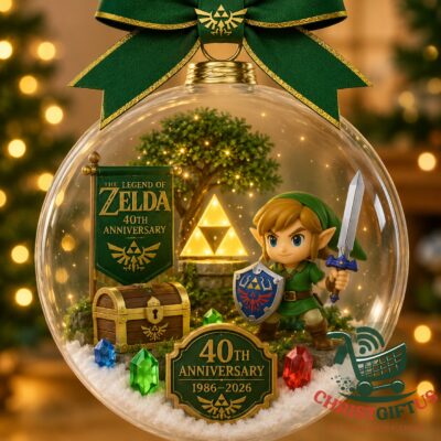 The Legend of Zelda 40th Anniversary 2026 Ornament - full view with festive background lights
