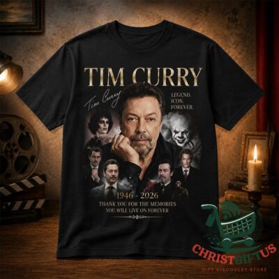 Tim Curry 1946-2026 Tribute T-Shirt - front view showing portrait collage and gold lettering