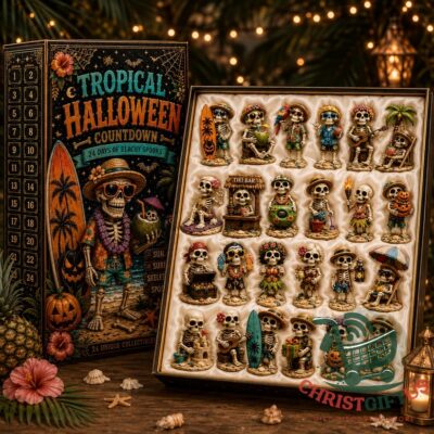 Tropical Halloween Skeletons Advent Calendar open with figurines and box art
