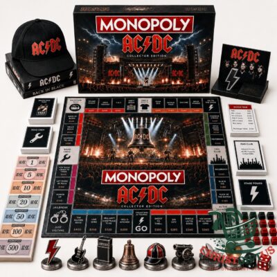 AC/DC 2026 Collector Edition Monopoly Board Game - full set displayed with box and playing pieces
