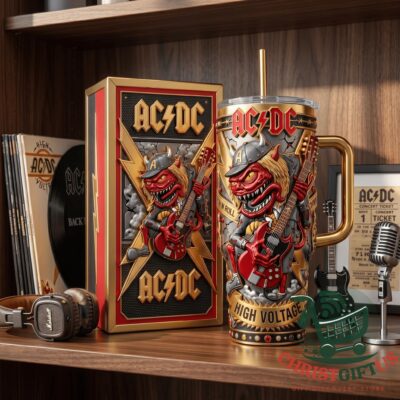 AC/DC High Voltage Demon Guitar Tumbler With Handle - front view with demon guitarist artwork, handle, and