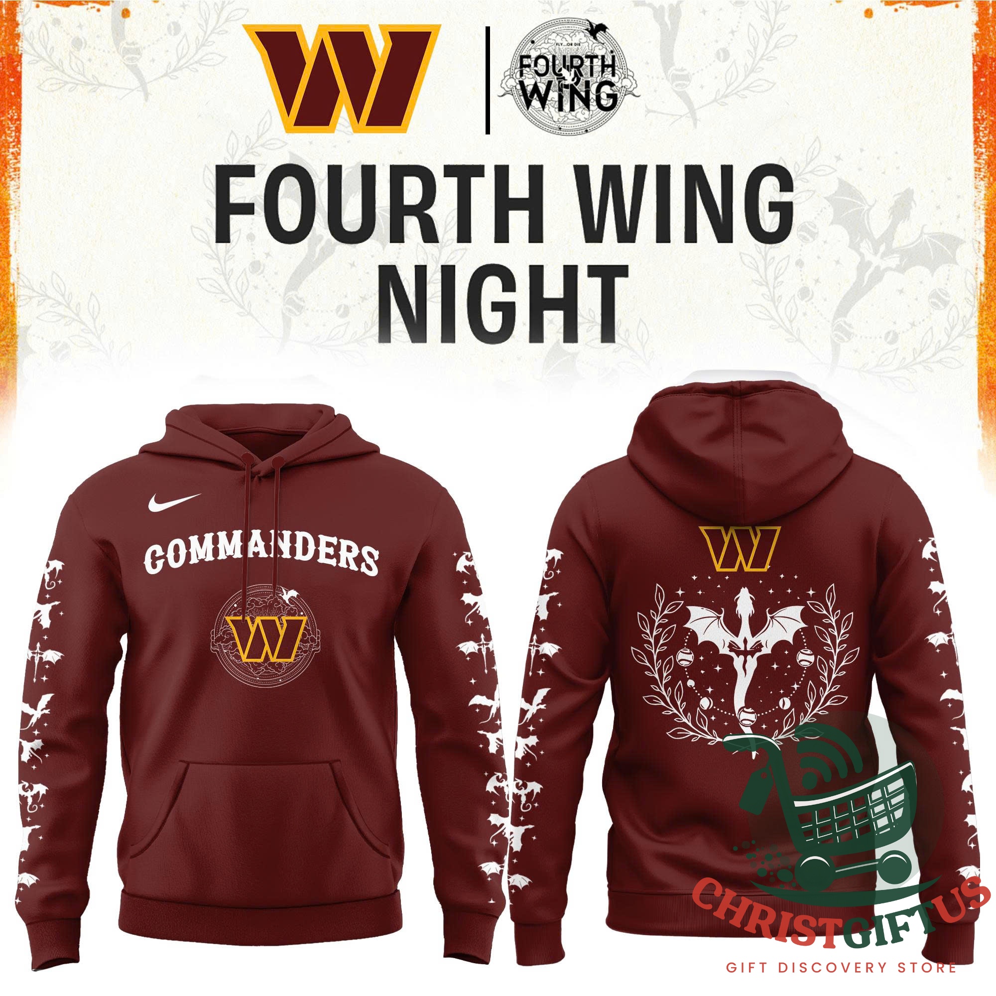 All Team NFL x Fourth Wing Night 2026 Hoodie – Close-up of winged back graphic All Team NFL x Fourth Wing Night 2026 Hoodie - close-up of winged back graphic and sleeve pattern