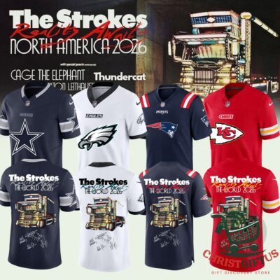 The Strokes 2026 football jerseys shown in four NFL team colorways