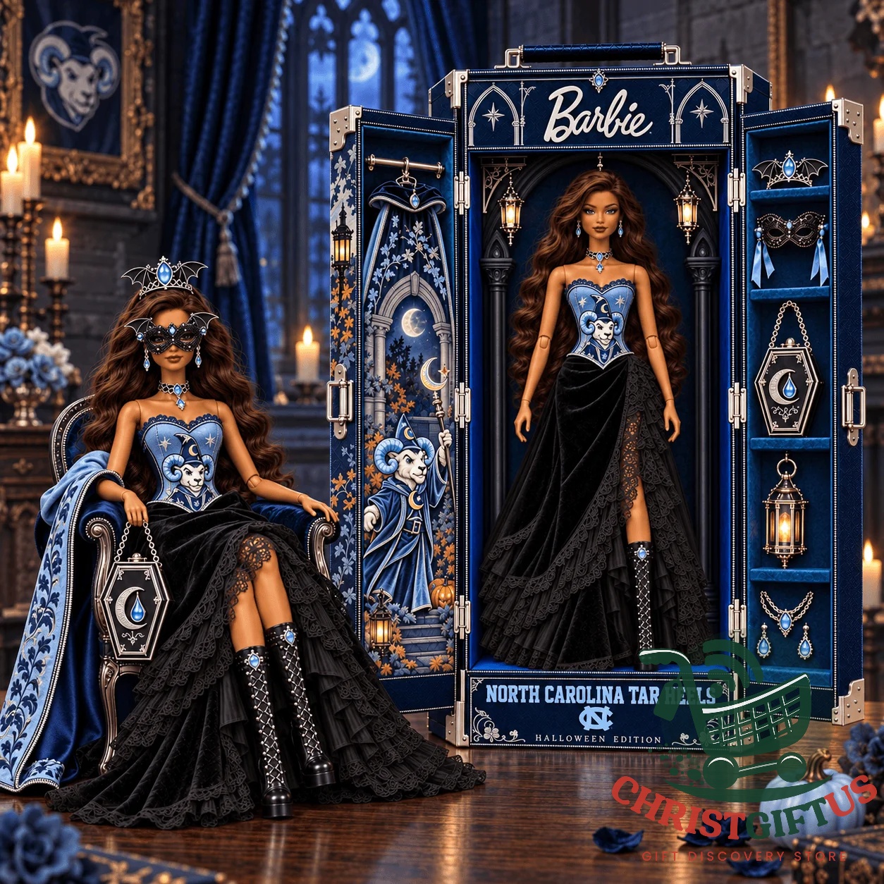 Barbie North Carolina Tar Heels Halloween 2026 Figure - front view with decorated collector case