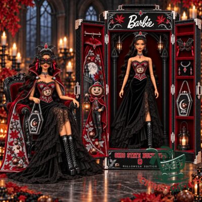 Barbie Ohio State Buckeyes Halloween 2026 Commemorative Figure - full figure and collector case display