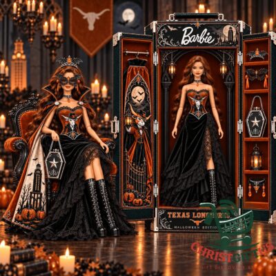 Barbie Texas Longhorns Halloween 2026 Figure - front view beside illustrated collector case