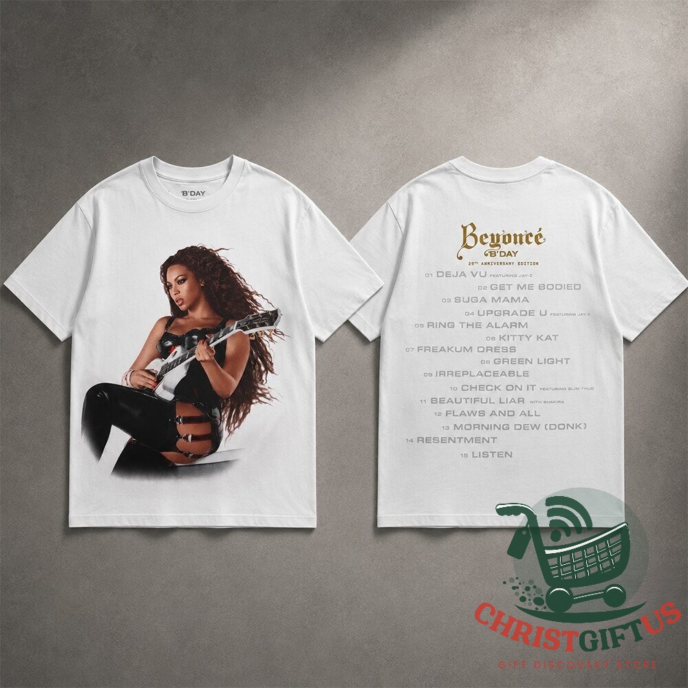 Beyoncé T-shirt front graphic showing her holding a guitar