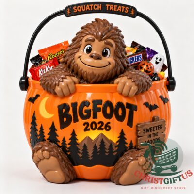 Bigfoot Halloween 2026 Candy Bucket - front view with candy and handle