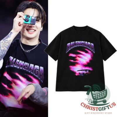 BTS Jungkook Arirang Los Angeles Balenciaga 2026 T-Shirt - front view showing colorful distressed graphic
