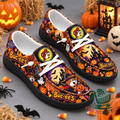 Buc-ee's Halloween 2026 Ghost Pumpkin Print Canvas Loafer Shoes - paired front and side view