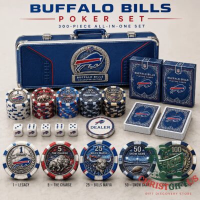 Buffalo Bills Collector Edition Poker Set 2026 - complete set with case, cards, chips, dice, and dealer button