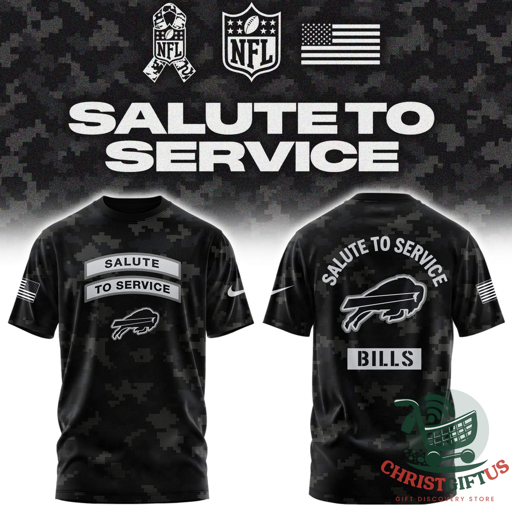Buffalo Bills Salute to Service 2026 T-Shirt - front and back views