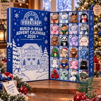 Build-A-Bear Workshop 2026 Christmas Advent Calendar - open front view with 24 plush compartments