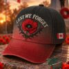 Canada Remembrance Day 2026 Poppy Lest We Forget Cap - front view with Canadian flag side patch