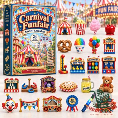 Carnival Funfair 24 Acrylic Ornaments Advent Calendar 2026 - front view with carnival ornament display