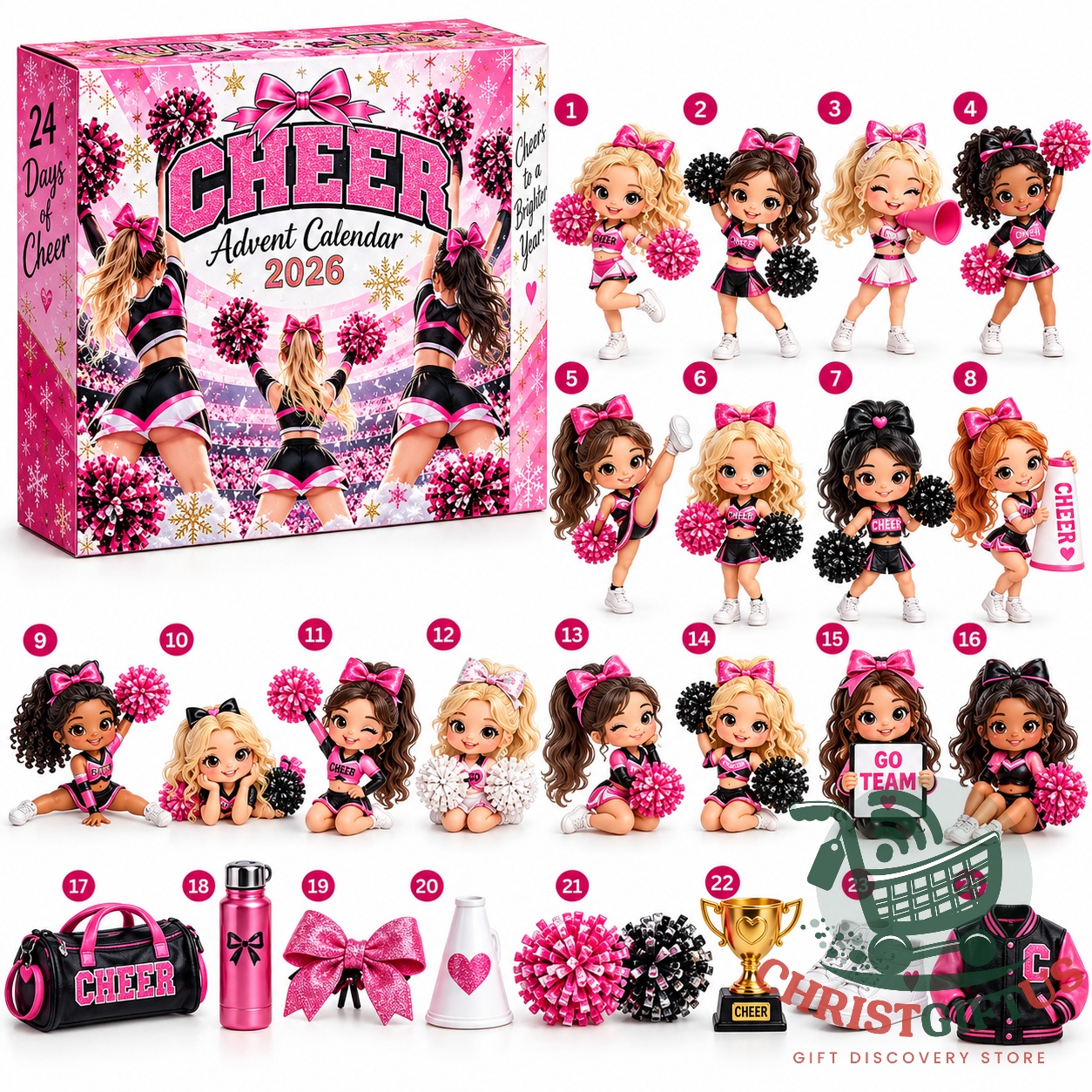 Cheerleading 2026 24 Days of Cheer Advent Calendar - front box and numbered cheerleader lineup