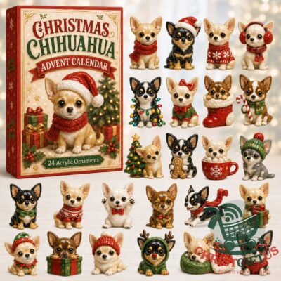 Chihuahua Christmas 24 Acrylic Ornaments Advent Calendar 2026 - front box artwork with festive Chihuahua