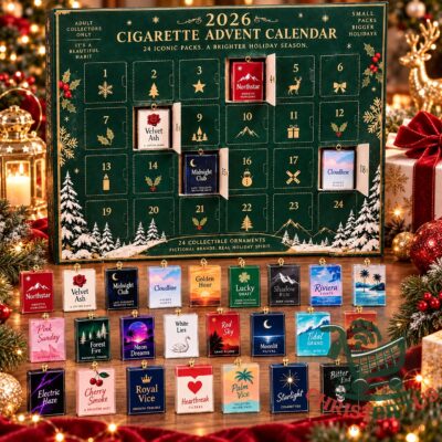 Cigarette 2026 24 Collectible Ornament Advent Calendar - front view with opened compartments and displayed