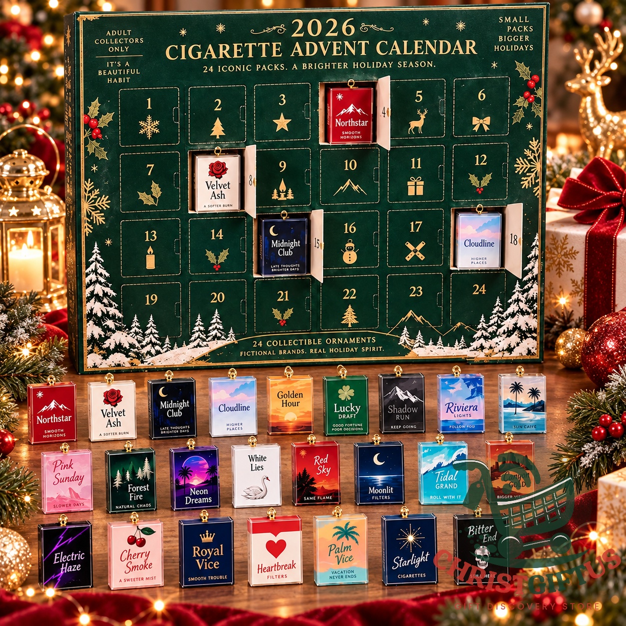 Cigarette 2026 24 Collectible Ornament Advent Calendar - front view with opened compartments and displayed