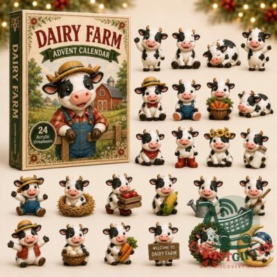 Dairy Farm Cow 24 Acrylic Ornaments Advent Calendar - front box and ornament display
